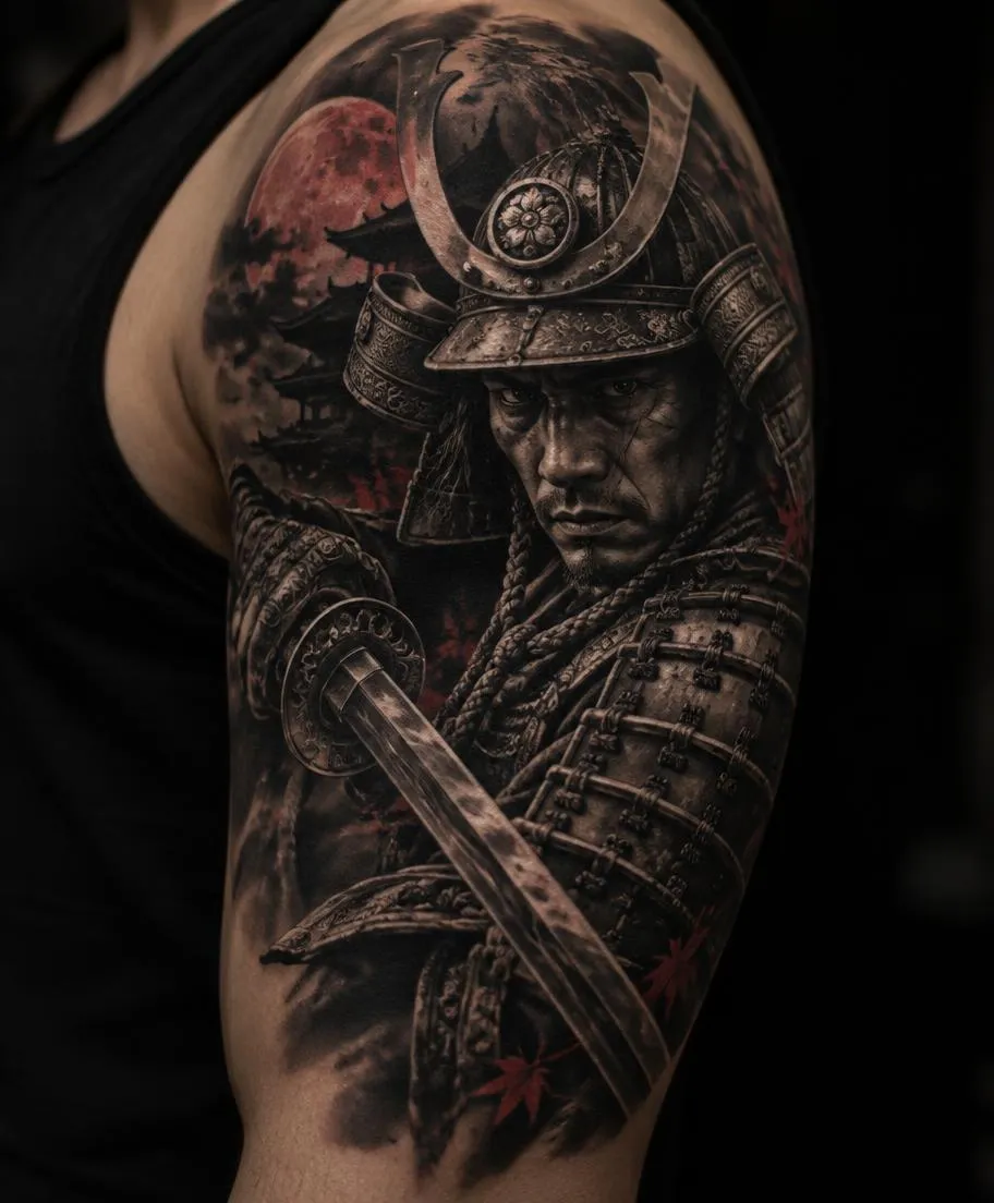 Tatuagem realista oriental de samurai com katana e lua